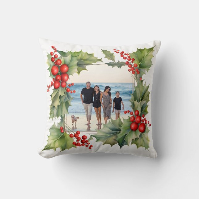 Family Photo Floral Frame Christmas Throw Pillow (Front)