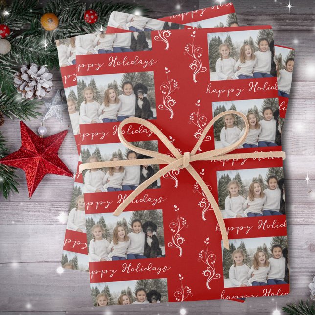 Family Photo Foliage Christmas Happy Holiday Red Wrapping Paper Sheets (Creator Uploaded)