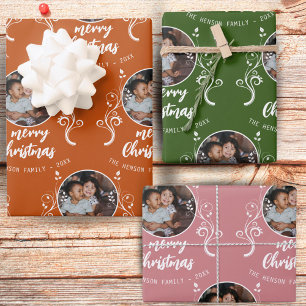 Family Photo Foliage Merry Christmas Wrapping Paper Sheets