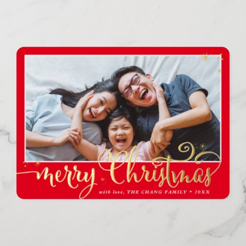 FAMILY PHOTO fun calligraphy Merry Christmas red Foil Holiday Card