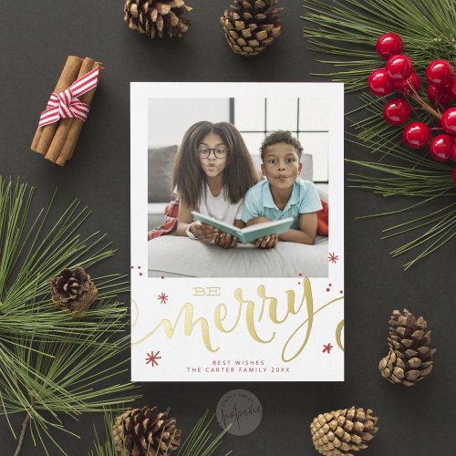 FAMILY PHOTO fun kids modern merry calligraphy red Foil Holiday Card