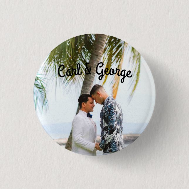 Family photo, gay couple, husbands, custom button (Front)