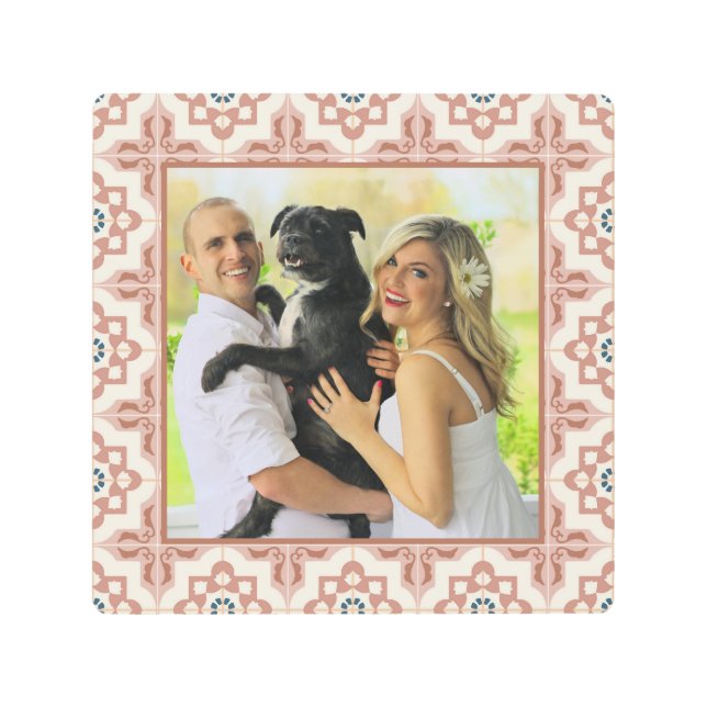 Family Photo Geometric Pattern Terracotta Border Metal Print (Front)