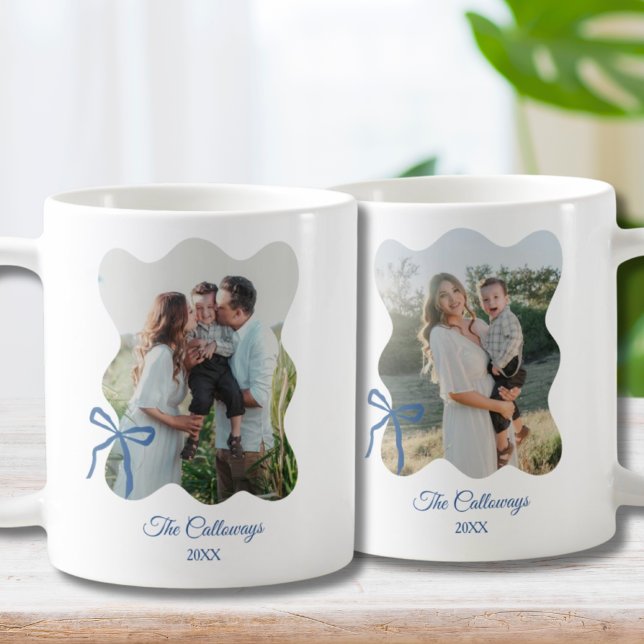 Family Photo Gift for Mom 2-Photo Blue Bow Coffee Mug (Creator Uploaded)