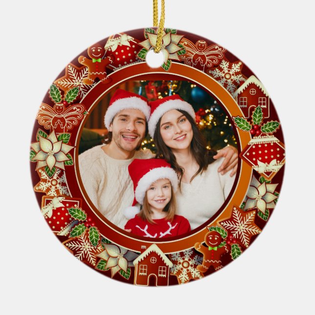 Family Photo, Gingerbread & Poinsettia Holiday Ceramic Ornament (Front)