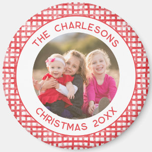 Family Photo Gingham Pattern Frame Christmas Magnet