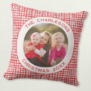 Family Photo Gingham Pattern Frame Christmas Throw Pillow