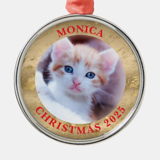 Family Photo Glam Gold Marble Border Metal Ornament (Front)