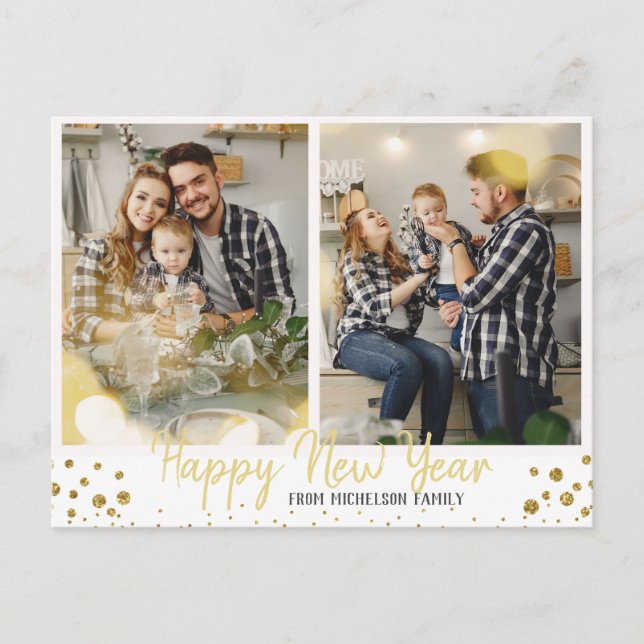 Family Photo Gold Confetti Happy New Year Holiday Postcard (Front)