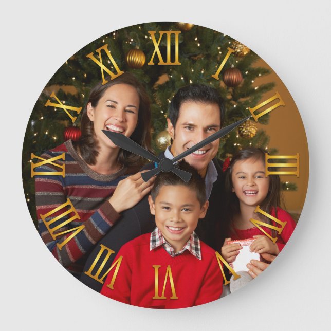 Family Photo Gold Gradient Roman Numerals Large Clock (Front)