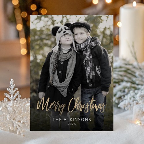 Family Photo Gold Script Merry Christmas Card