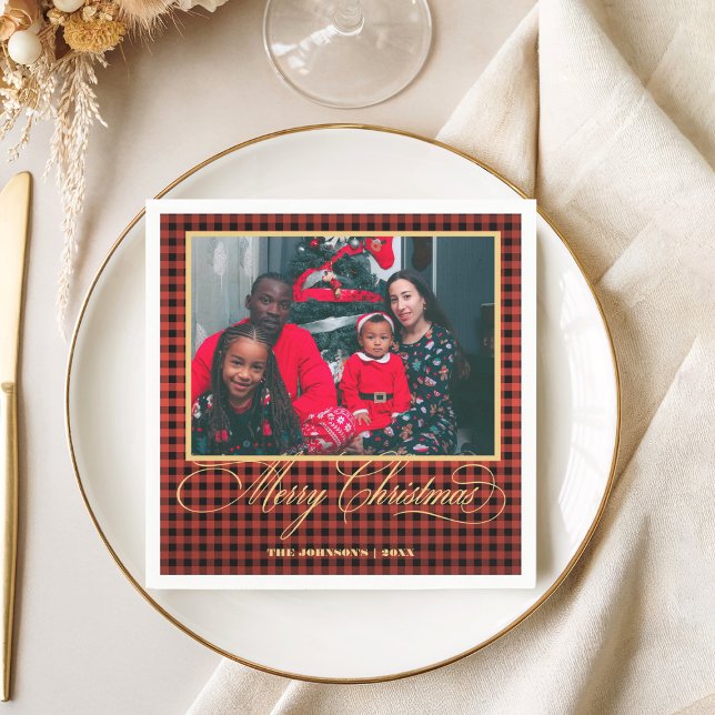 Family Photo & Gold Script Merry Christmas Party Napkins (Creator Uploaded)