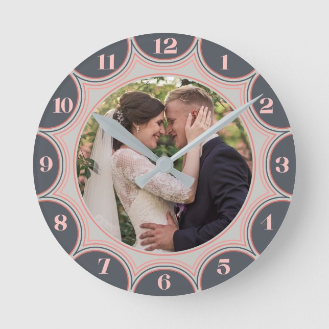 Family Photo Gray Coral Pink Sunburst Personalized Round Clock (Front)