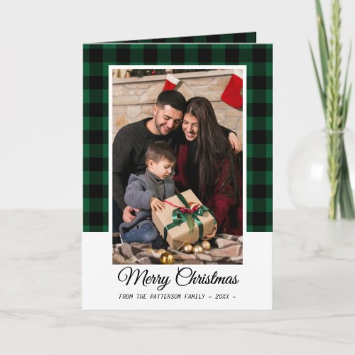 Family Photo Green Buffalo Plaid Merry Christmas Card