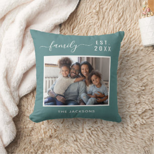 Family photo green cyan name script throw pillow