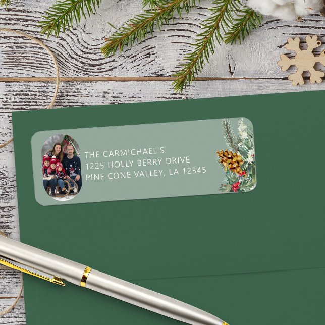 Family Photo Green Holly Pine Christmas Address Label (Photo Return Address Labels with Holly and Pine from Rounded Lozenge Photo Collage collection)