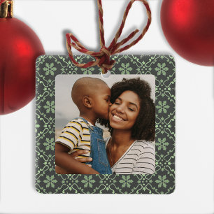 Family Photo Green Snowflake Christmas Ceramic Ornament
