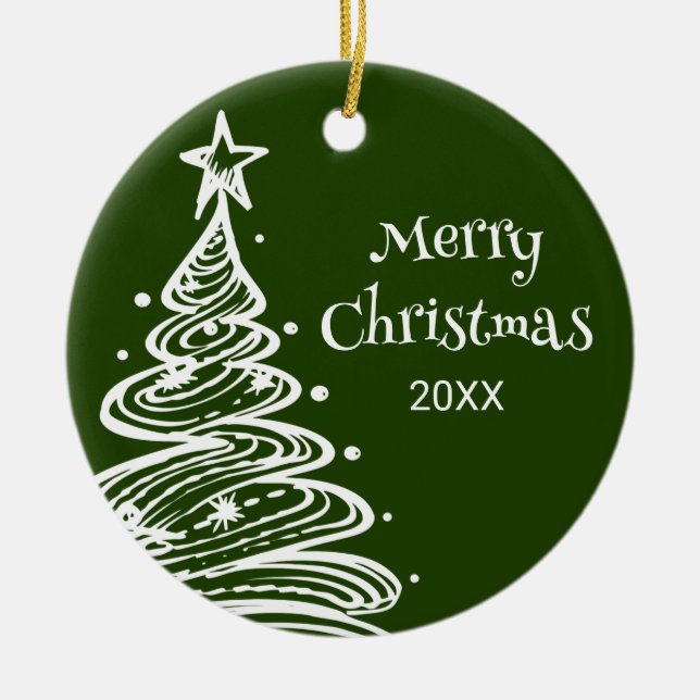 Family Photo Green White Christmas Tree Gift Ceramic Ornament (Front)