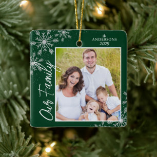 Family Photo Handwriting Script Green Christmas Ceramic Ornament