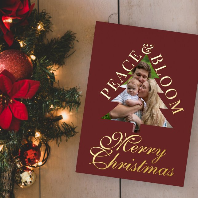 Family photo handwritten script burgundy real foil invitation (Family photo handwritten script burgundy real foil christmas card )