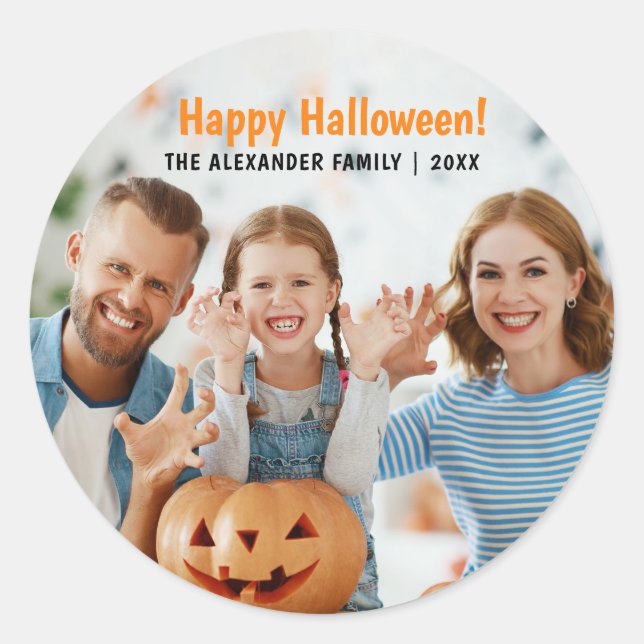 Family Photo Happy Halloween  Classic Round Sticker (Front)