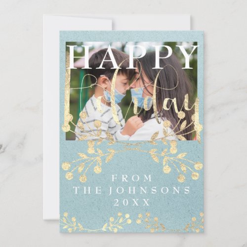 Family Photo Happy Holiday Rustic Blue  Kraft