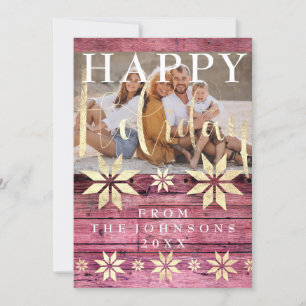 Family Photo Happy Holiday Rustic Wood Pink Card