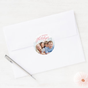FAMILY PHOTO Happy Holidays calligraphy red  Classic Round Sticker