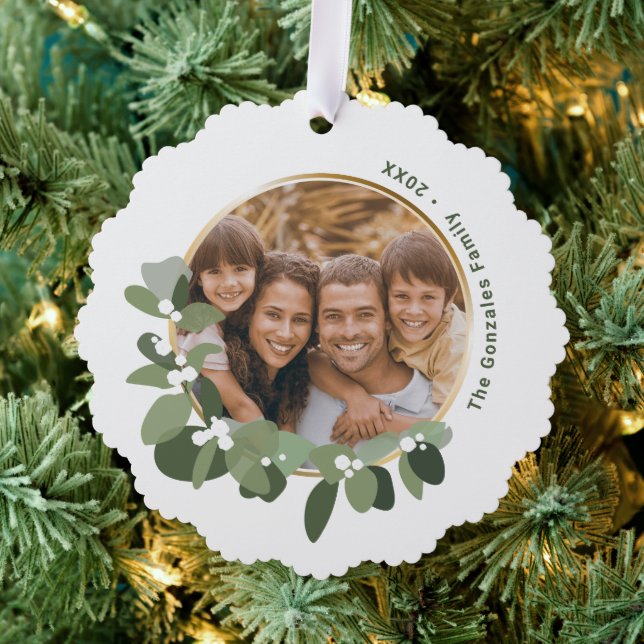 Family Photo Happy Holidays eucalyptus wreath Ornament Card (Insitu (Tree))