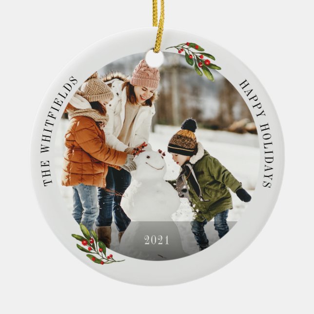 Family Photo Happy Holidays Keepsake Ceramic Ornament (Front)