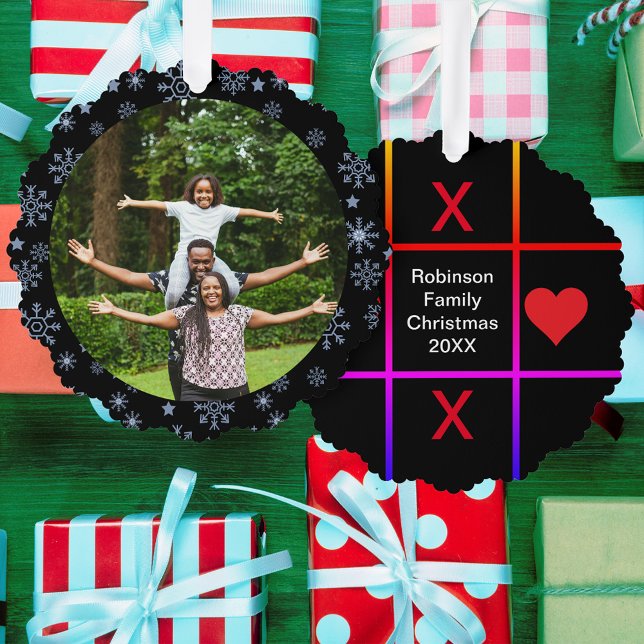 Family Photo Heart Hugs & Kisses Tic Tac Toe Paper Ornament Card (Family Photo Heart Hugs & Kisses Tic Tac Toe Paper Ornament Card)