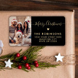 Family Photo Heart Script Christmas Return Address Label<br><div class="desc">Elegant,  Modern Black and Gold Hand Lettered Merry Christmas Family Photo Return Address Labels. Featuring a pretty hand-written calligraphy swash-tail font script with saying "Merry Christmas",  a little love heart motif. Great for Christmas holiday season,  easy to personalize them with your names and return address info.</div>