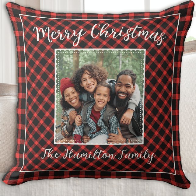 Family Photo Holiday Red Buffalo Plaid Throw Pillow (Merry Christmas Family Photo in Red Plaid)