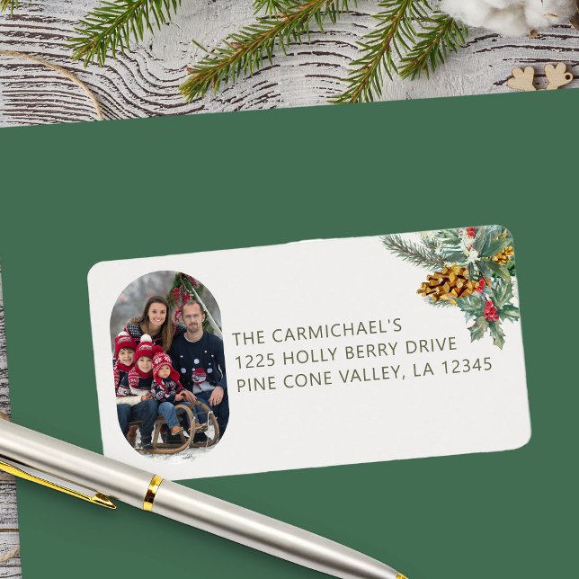 Family Photo Holly and Pine Christmas Address Label (Photo Address Labels with Holly and Pine from Rounded Lozenge Photo Collage collection)