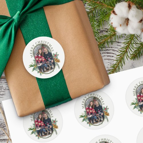 Family Photo Holly and Pine Merry Christmas Classic Round Sticker