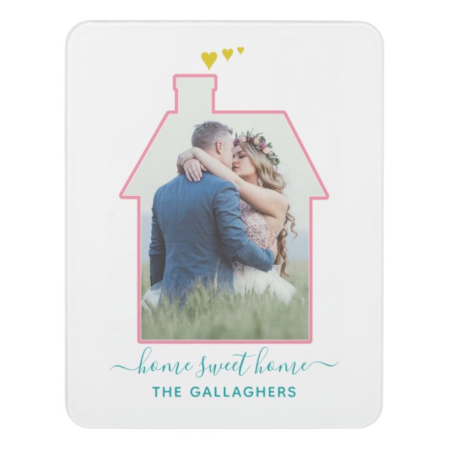 Family Photo House Shape Housewarming Wedding Cute Door Sign (Contemporary Vert)