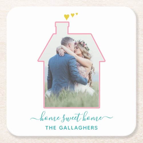 Family Photo House Shape Housewarming Wedding Cute Square Paper Coaster