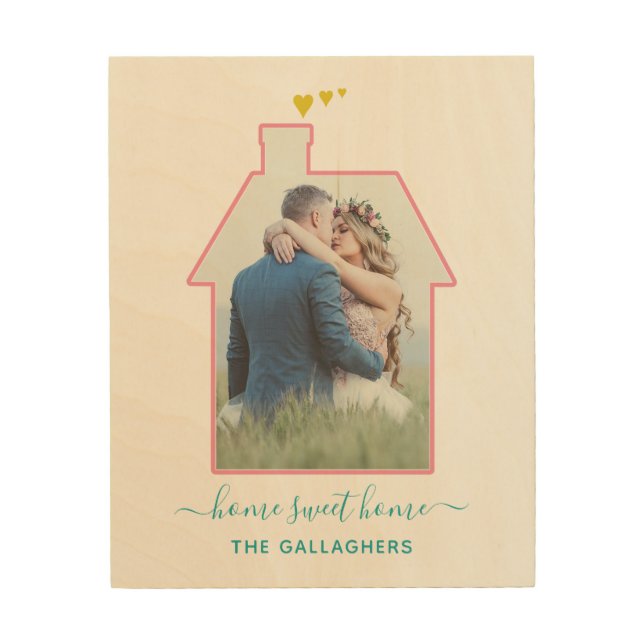 Family Photo House Shape Housewarming Wedding Cute Wood Wall Art (Front)