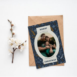 Family photo in blue floral doodle holiday card