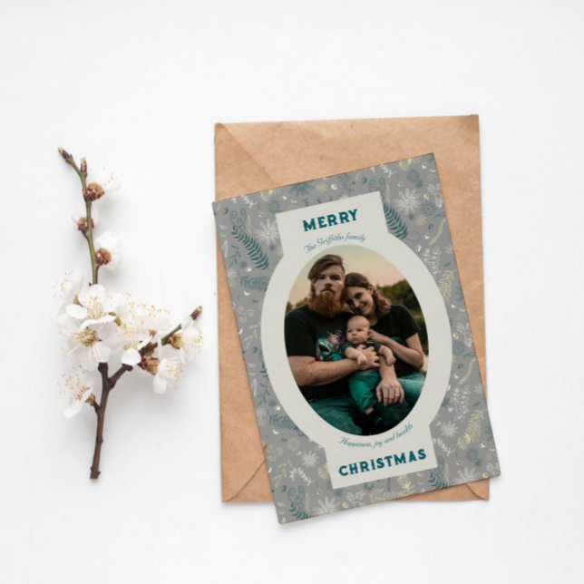 Family photo in grey floral doodle holiday card (Creator Uploaded)