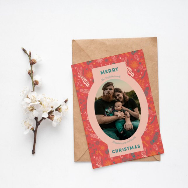 Family photo in orange floral doodle holiday card (Creator Uploaded)