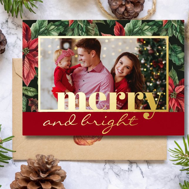 Family Photo in Poinsettia flower gold Foil Holiday Card (Creator Uploaded)