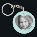 Family photo inside heart name light aqua blue keychain<br><div class="desc">Light aqua blue or custom color keyring featuring your photo inside a heart with the name in a handwritten style script font.</div>