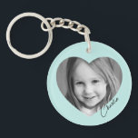 Family photo inside heart name light aqua blue keychain<br><div class="desc">Light aqua blue or custom color keyring featuring your photo inside a heart with the name in a handwritten style script font.</div>