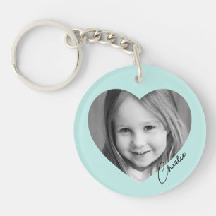Family photo inside heart name light aqua blue keychain