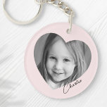 Family photo inside heart with name pink keychain<br><div class="desc">Pink or custom color keyring featuring your photo inside a heart with the name in a handwritten style script font.</div>
