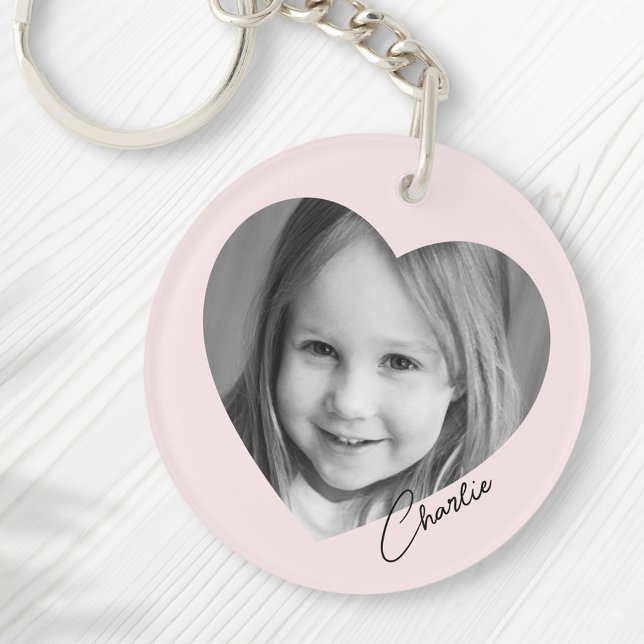 Family photo inside heart with name pink keychain (Creator Uploaded)