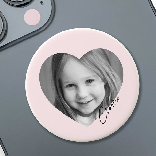 Family photo inside heart with name pink PopSocket (Creator Uploaded)