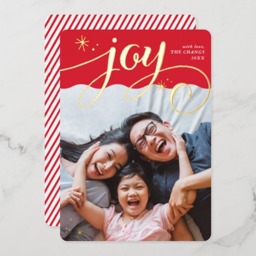  FAMILY PHOTO JOY fun whimsical calligraphy red Foil Holiday Card