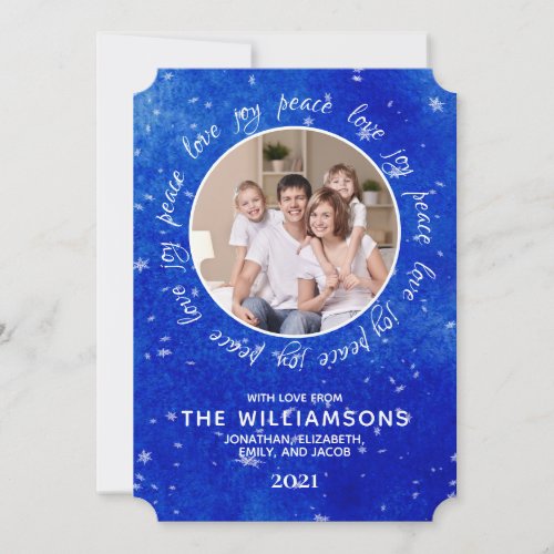 Family Photo Joy Peace Love Snowflakes Christmas   Holiday Card